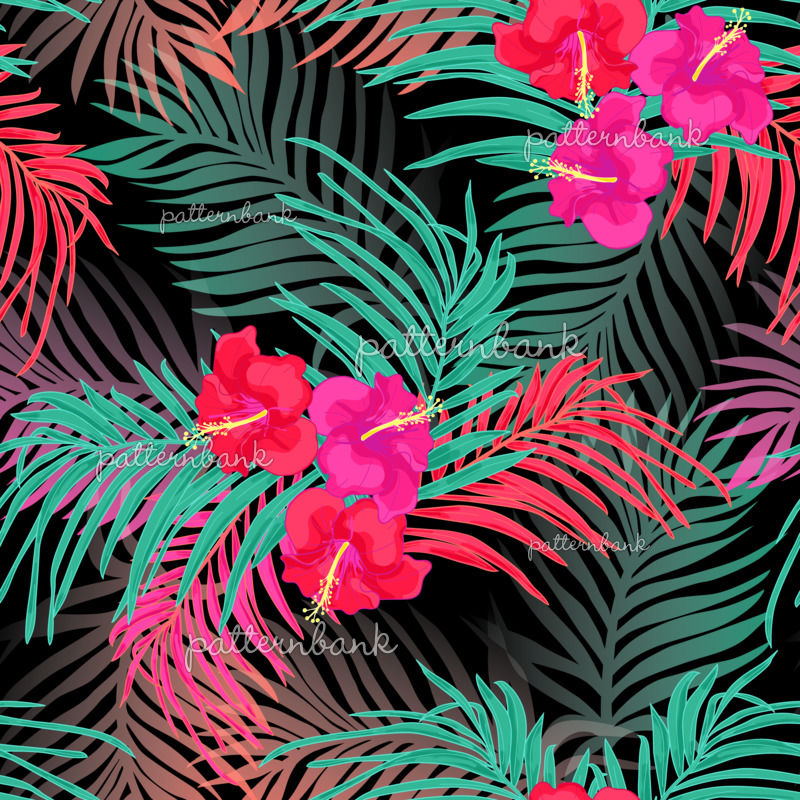 Hawaiian - Tropical - Hibiscus - Palm Leaves - Black by Sonja Sporrer ...