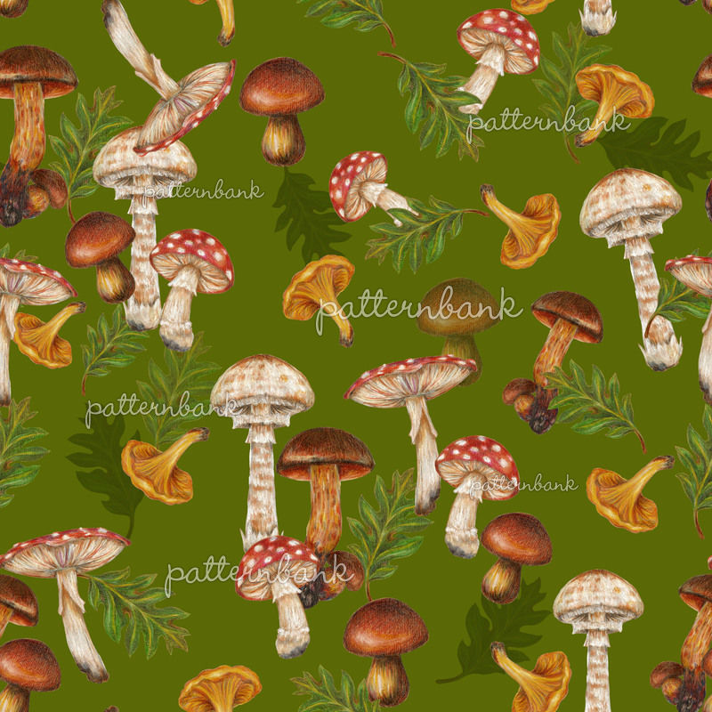 Mushrooms Forest Green Background by Maire Walter Seamless Repeat ...