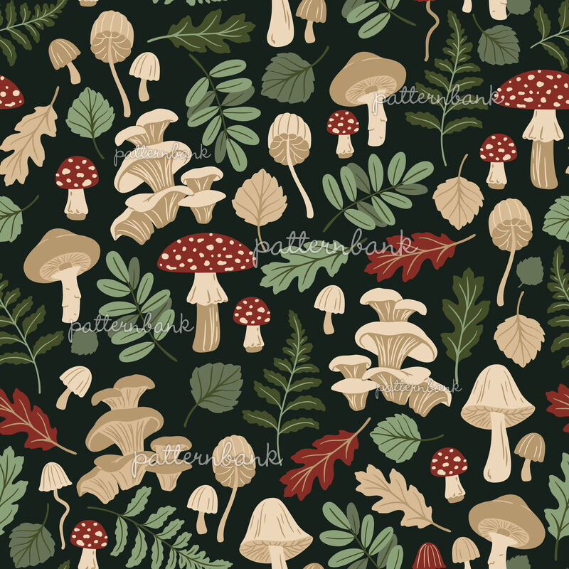 Mushrooms on Dark Background by Inna Moreva Seamless Repeat Vector ...